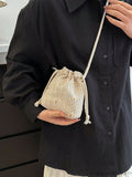 BagForLove - Womens Beach Bucket Straw Bag with Floral Applique, Drawstring Crossbody Purse (5.1 X 5.9 X 1.9)