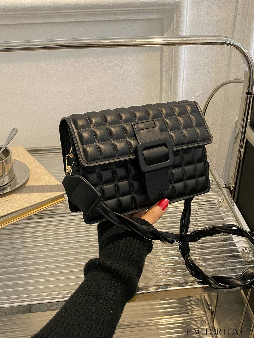 BagForLove - Compact Quilted Square Bag with Elegant Buckle Flap