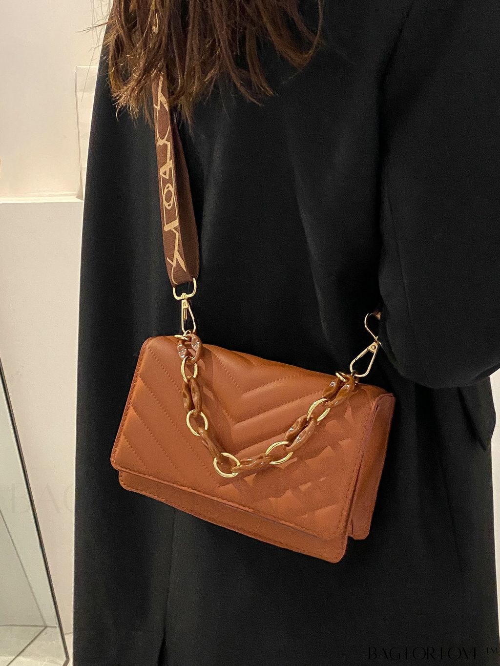 BagForLove - Chic Chevron Quilted Mini Square Bag with Metallic Finish and Chain Detail Flap