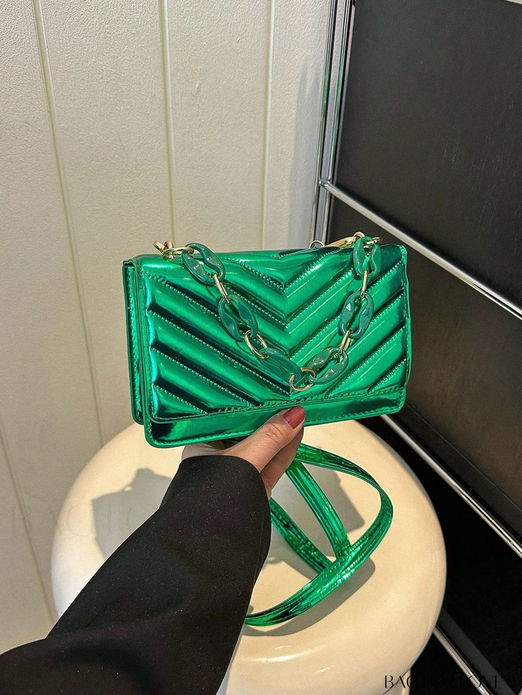 BagForLove - Chic Chevron Quilted Mini Square Bag with Metallic Finish and Chain Detail Flap