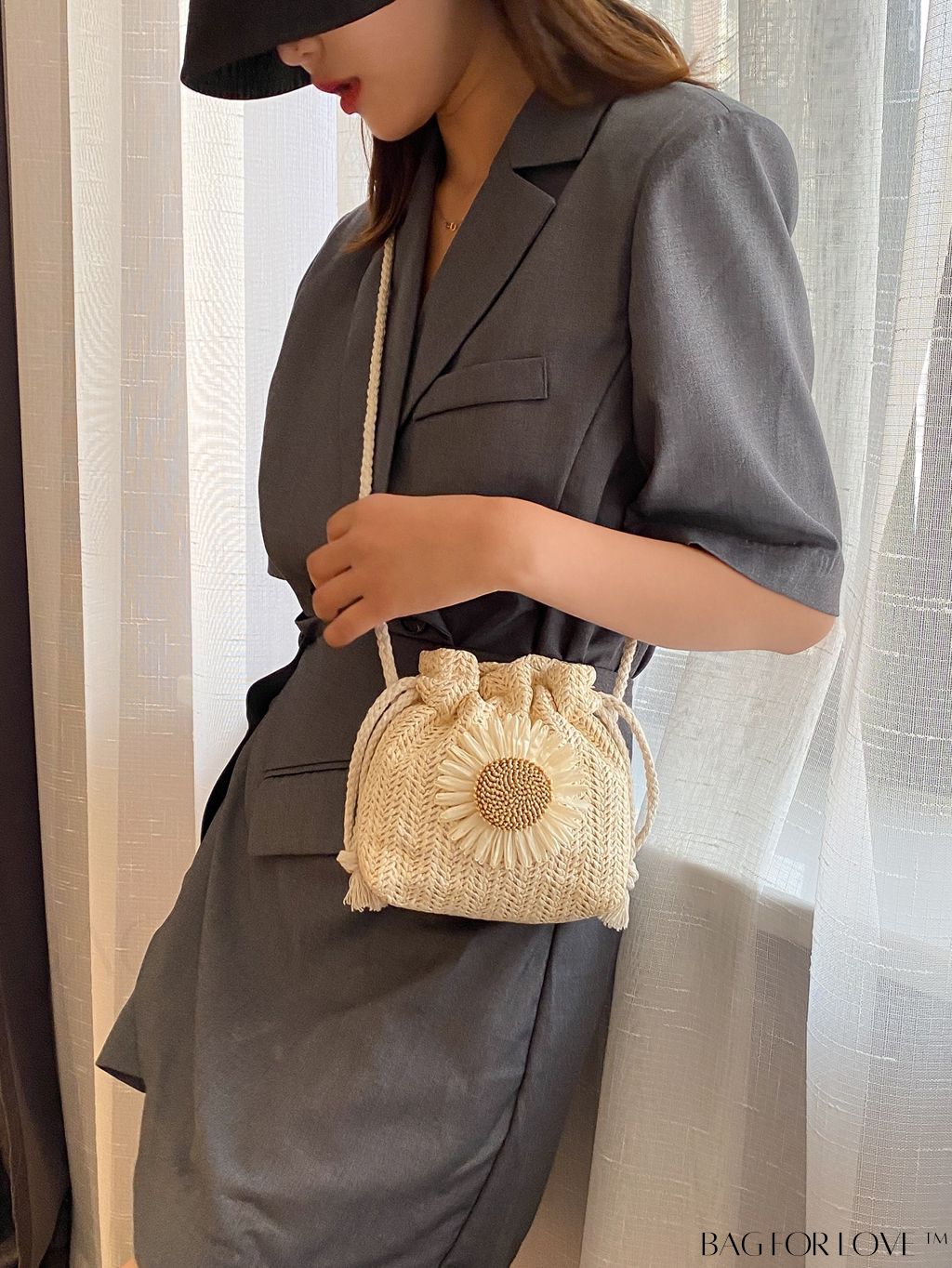 BagForLove - Womens Beach Bucket Straw Bag with Floral Applique, Drawstring Crossbody Purse (5.1 X 5.9 X 1.9)