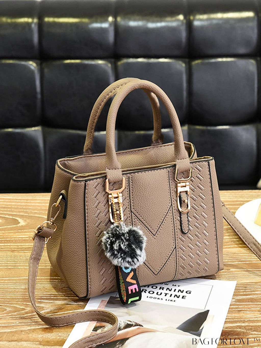 BagForLove - Embroidered Square Bag with Pom Pom Decor, Trendy PU Crossbody Satchel for Women, Mothers Day Gift