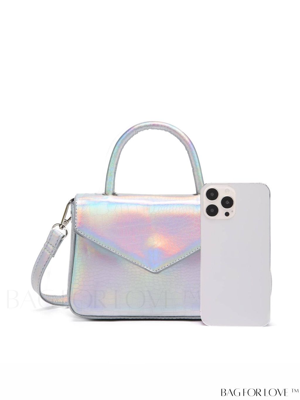BagForLove - Crocodile Embossed Holographic Flap PU Square Bag with Chic Top Handle