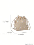 BagForLove - Womens Beach Bucket Straw Bag with Floral Applique, Drawstring Crossbody Purse (5.1 X 5.9 X 1.9)