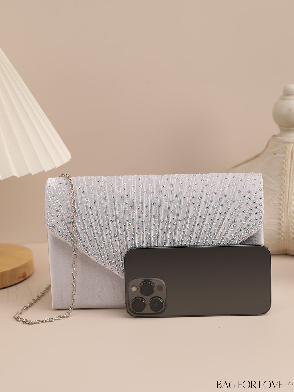 BagForLove - Compact Pleated Envelope Bag with Sparkling Rhinestone Embellishment