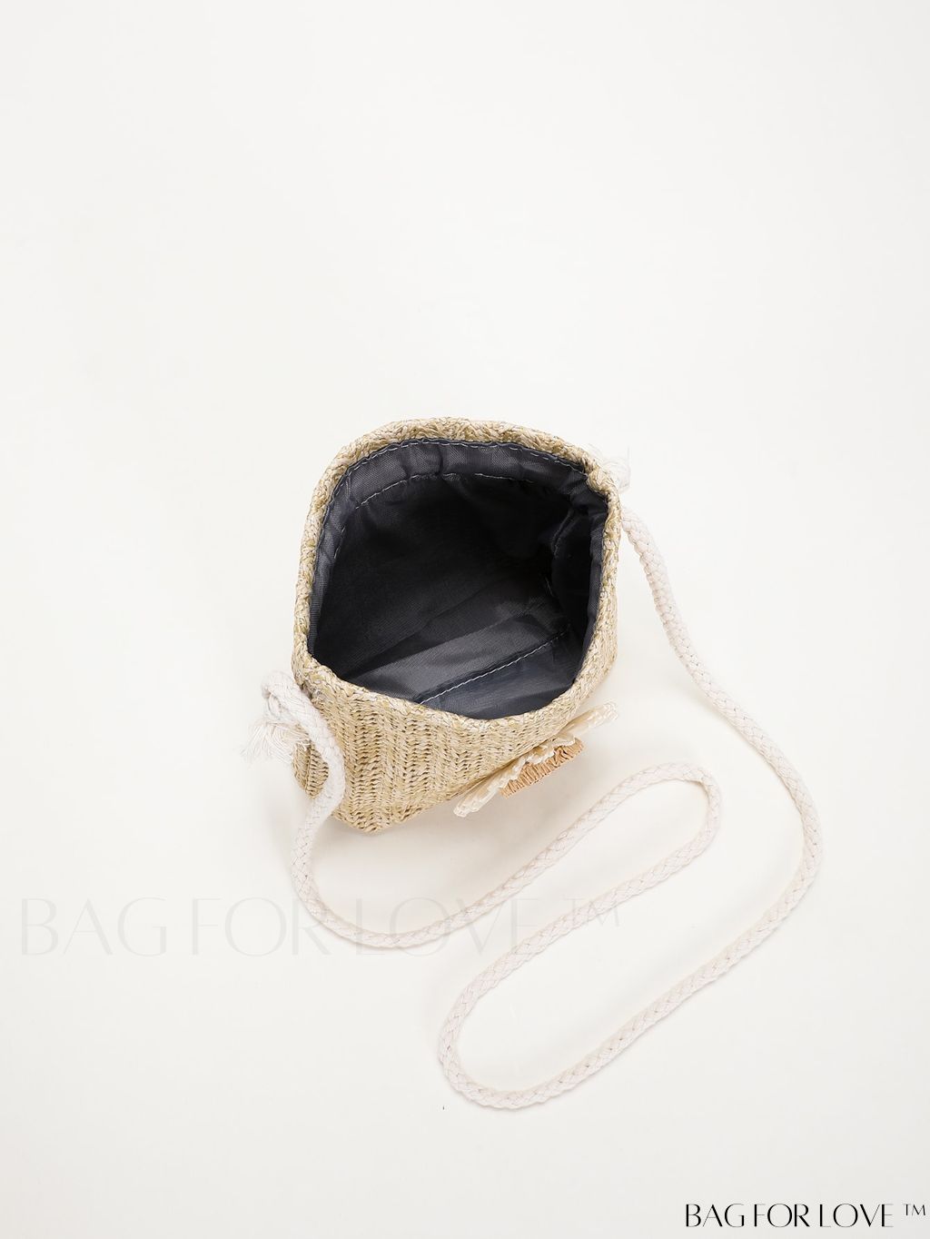 BagForLove - Womens Beach Bucket Straw Bag with Floral Applique, Drawstring Crossbody Purse (5.1 X 5.9 X 1.9)