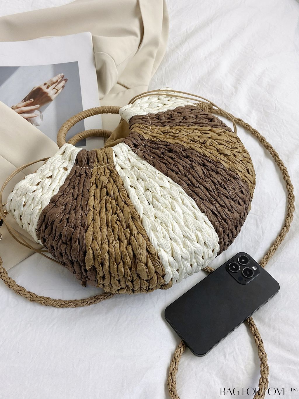 BagForLove - Summer Beach Travel Straw Bag with Color Block Drawstring Detail