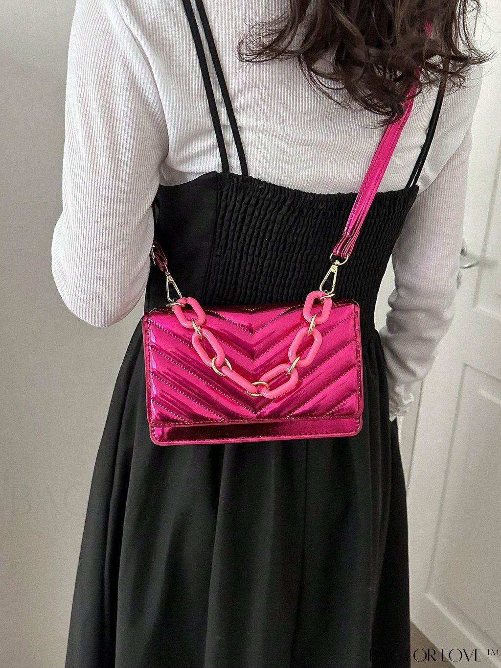 BagForLove - Chic Chevron Quilted Mini Square Bag with Metallic Finish and Chain Detail Flap