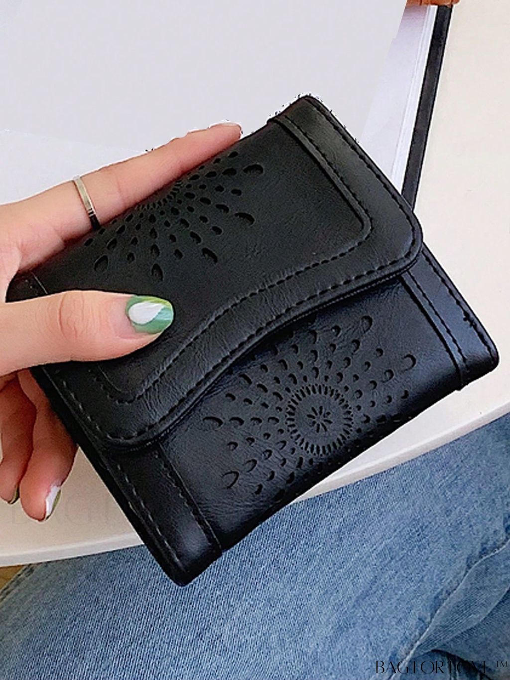BagForLove - Minimalist Black PU Wallet with Cut-Out Detail - Chic and Sleek