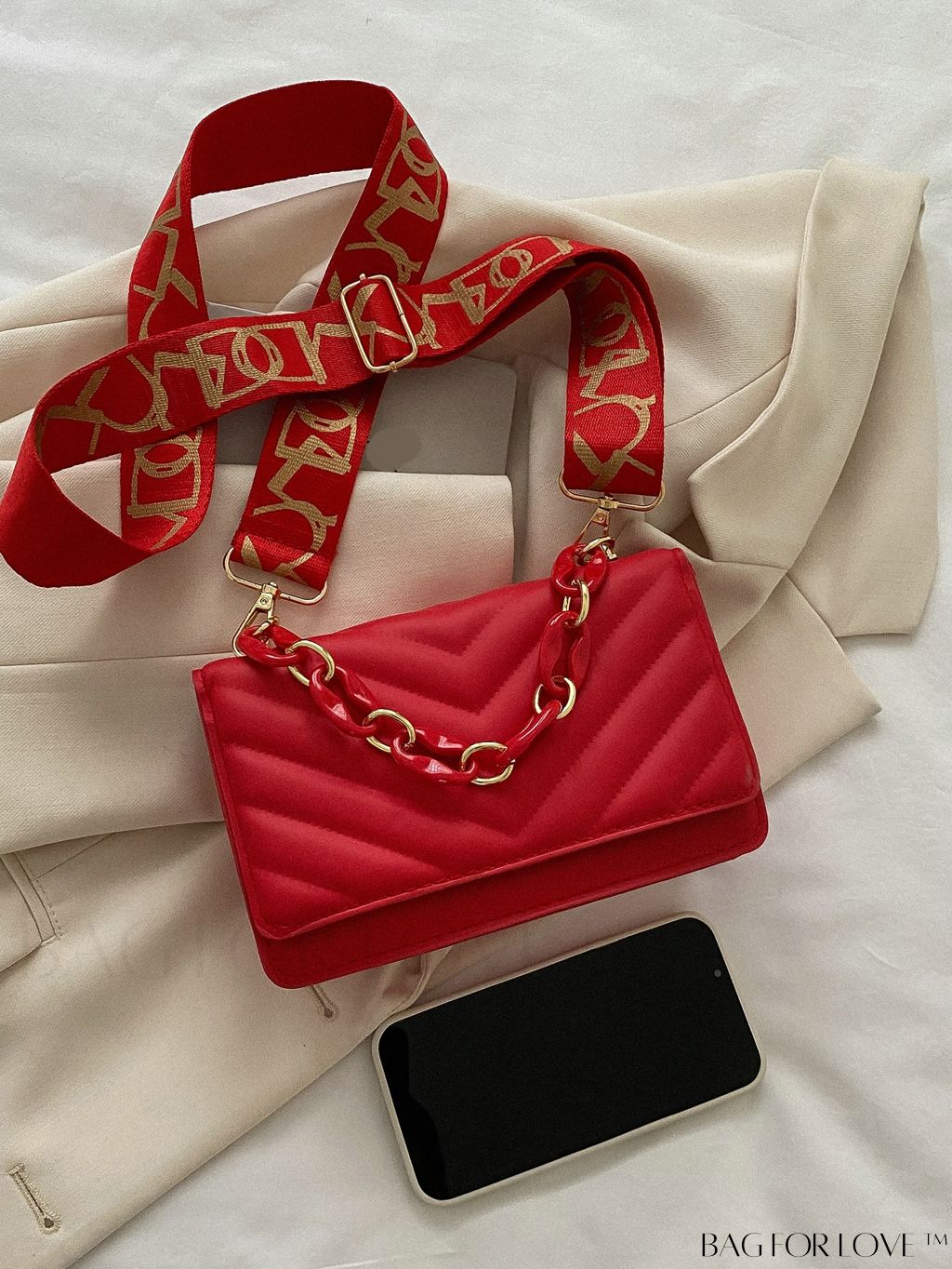 BagForLove - Chic Chevron Quilted Mini Square Bag with Metallic Finish and Chain Detail Flap