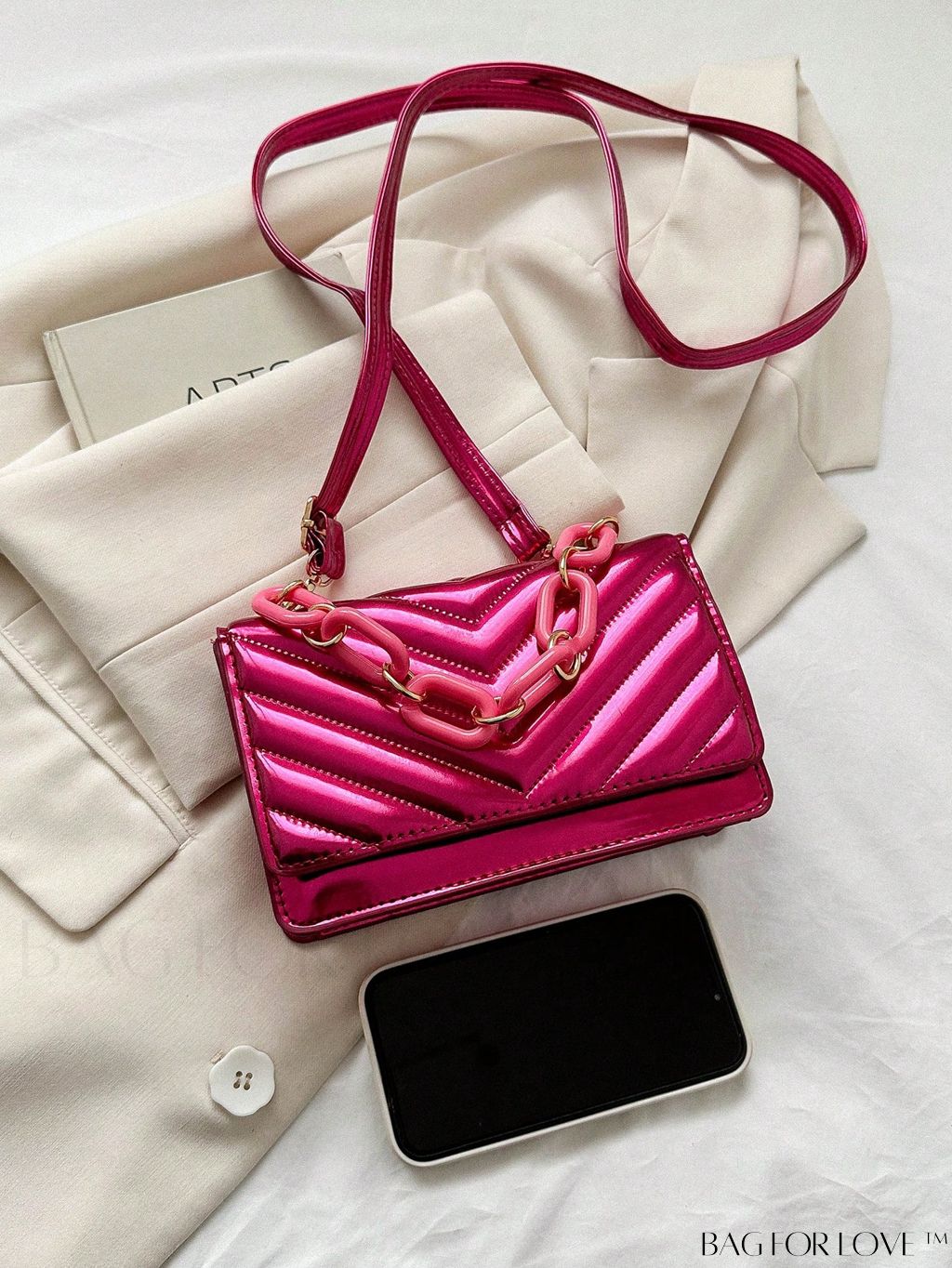 BagForLove - Chic Chevron Quilted Mini Square Bag with Metallic Finish and Chain Detail Flap