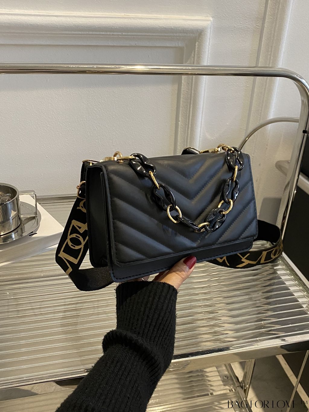 BagForLove - Chic Chevron Quilted Mini Square Bag with Metallic Finish and Chain Detail Flap