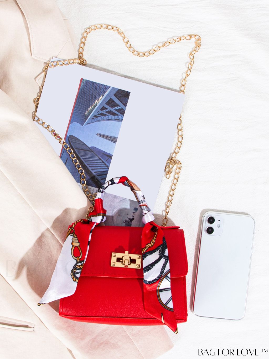 BagForLove - Neon Red Twilly Scarf Design Square Bag - Mini, Stylish, and Versatile!