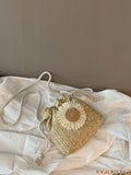 BagForLove - Womens Beach Bucket Straw Bag with Floral Applique, Drawstring Crossbody Purse (5.1 X 5.9 X 1.9)