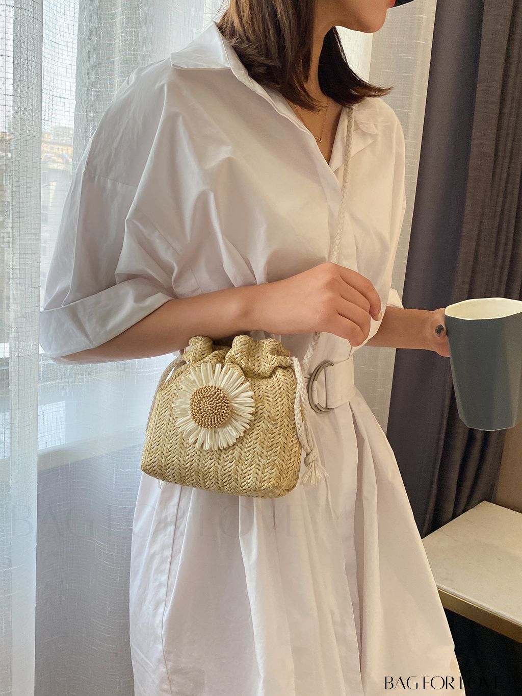 BagForLove - Womens Beach Bucket Straw Bag with Floral Applique, Drawstring Crossbody Purse (5.1 X 5.9 X 1.9)