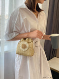 BagForLove - Womens Beach Bucket Straw Bag with Floral Applique, Drawstring Crossbody Purse (5.1 X 5.9 X 1.9)