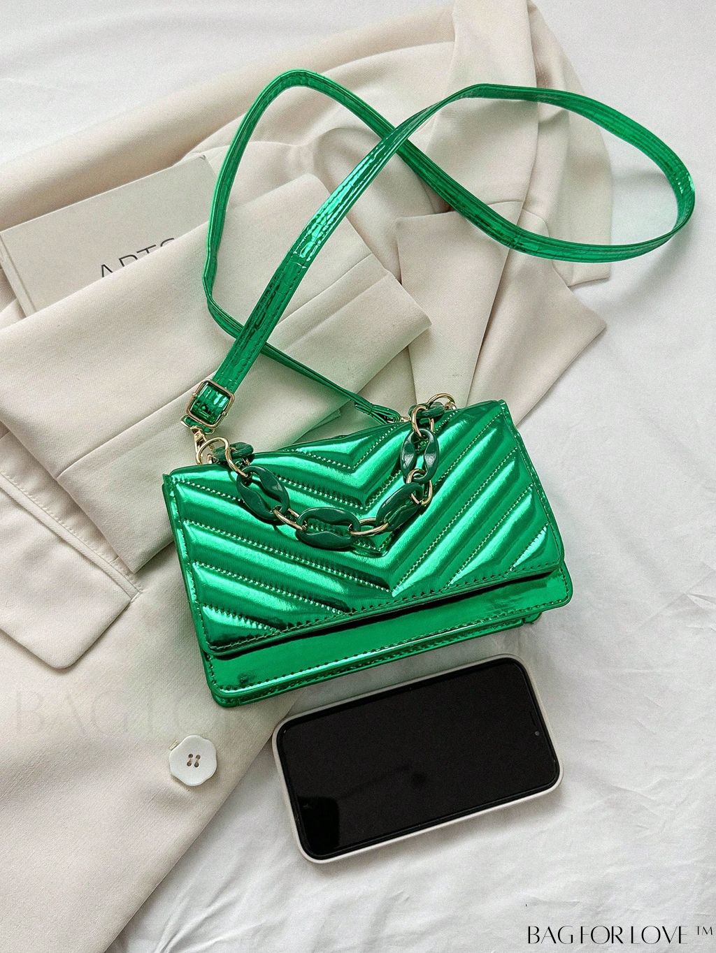 BagForLove - Chic Chevron Quilted Mini Square Bag with Metallic Finish and Chain Detail Flap