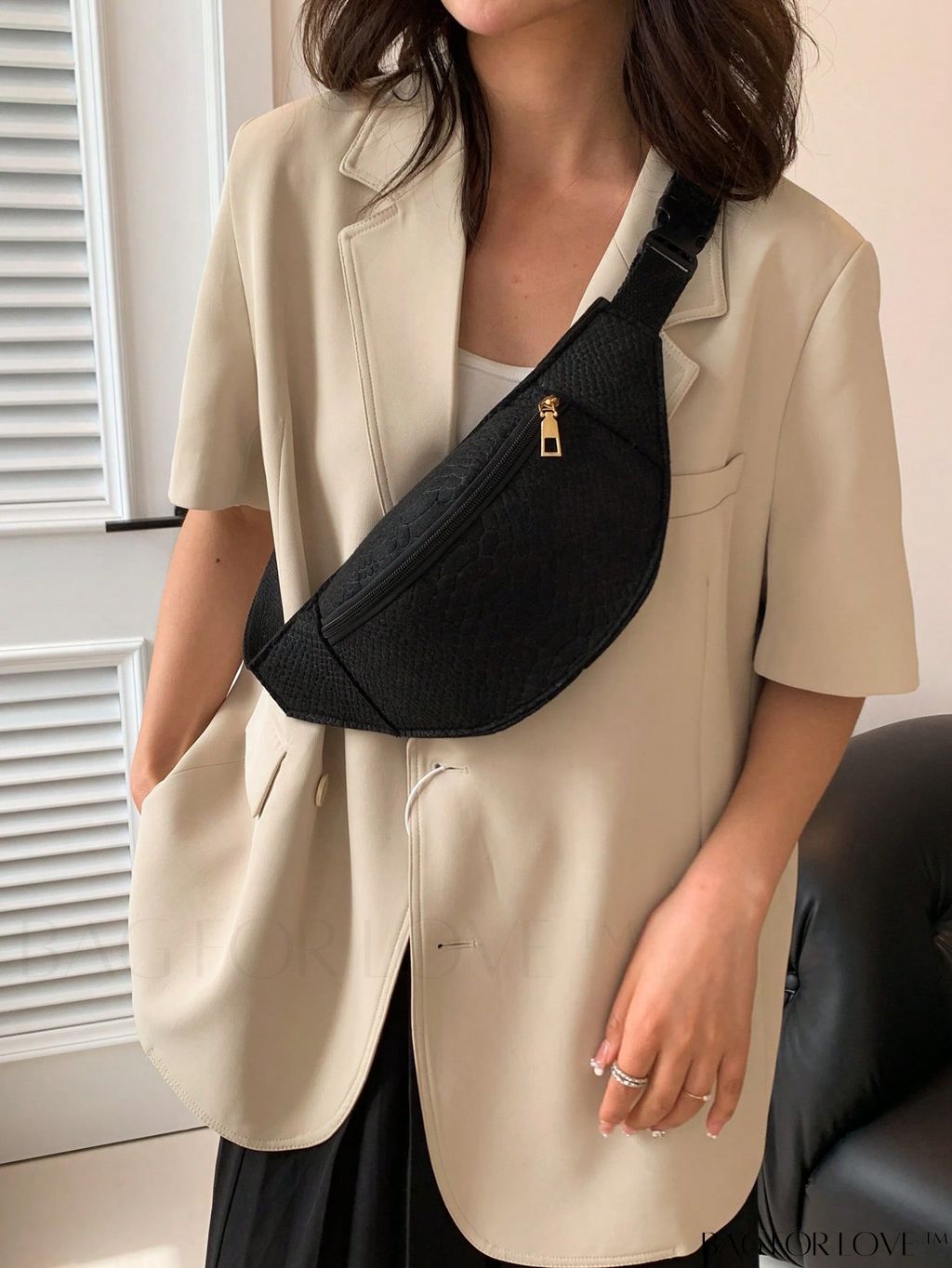 BagForLove - Black Crocodile-Embossed Minimalist Fanny Pack