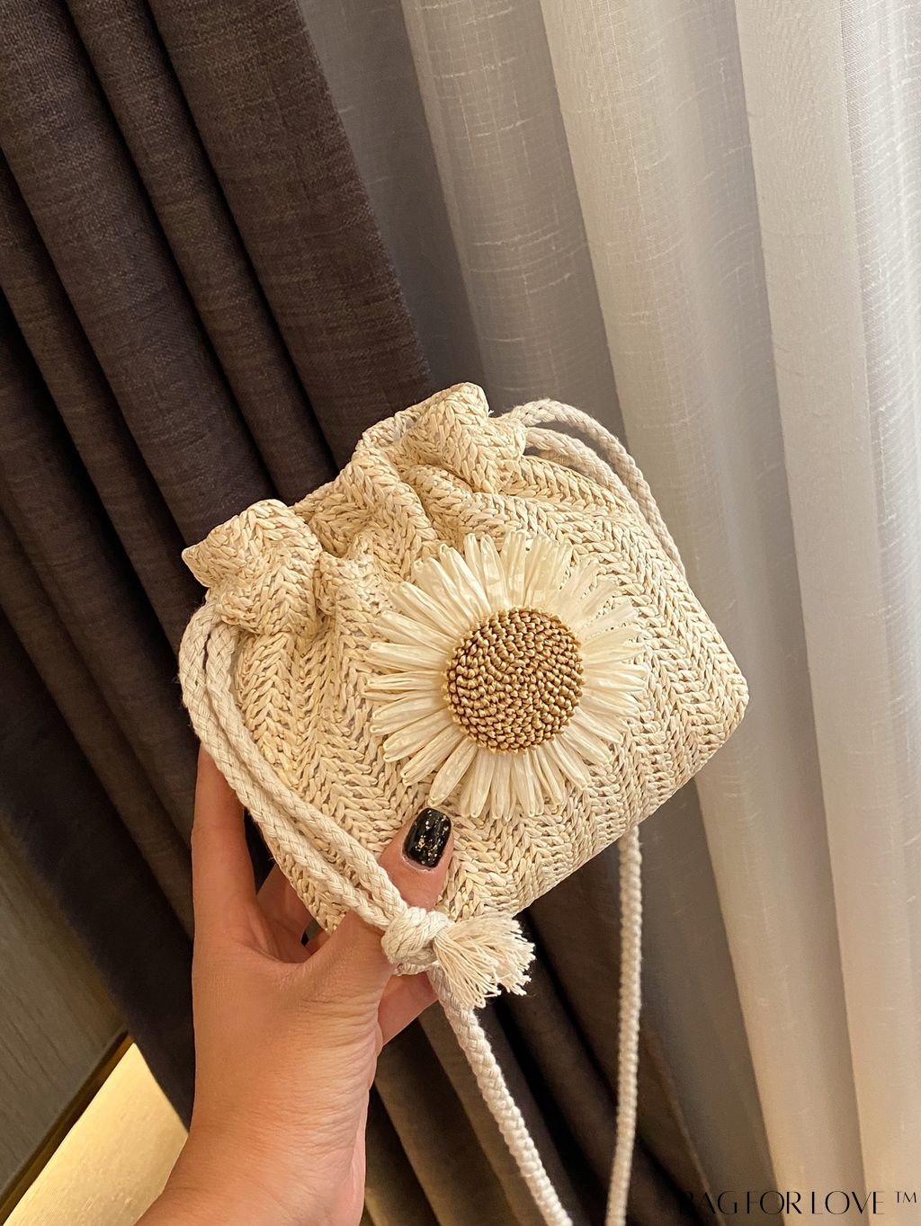 BagForLove - Womens Beach Bucket Straw Bag with Floral Applique, Drawstring Crossbody Purse (5.1 X 5.9 X 1.9)