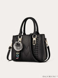 BagForLove - Embroidered Square Bag with Pom Pom Decor, Trendy PU Crossbody Satchel for Women, Mothers Day Gift