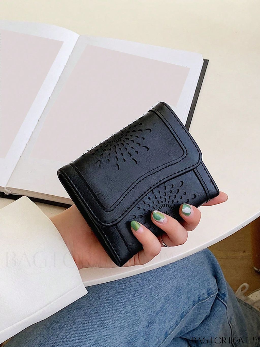 BagForLove - Minimalist Black PU Wallet with Cut-Out Detail - Chic and Sleek