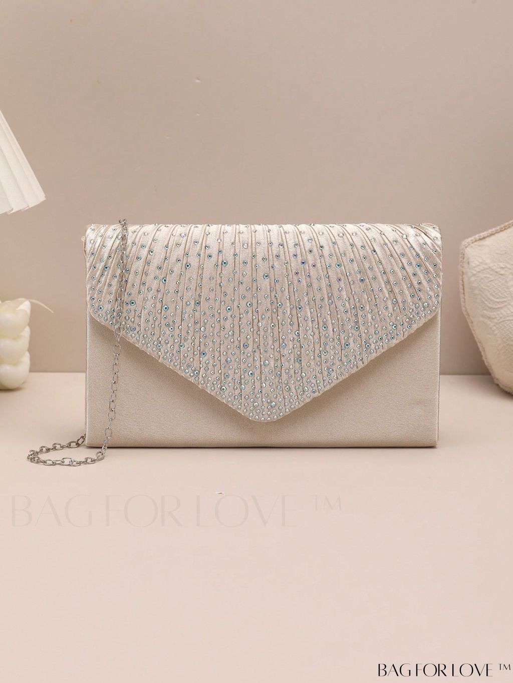 BagForLove - Compact Pleated Envelope Bag with Sparkling Rhinestone Embellishment