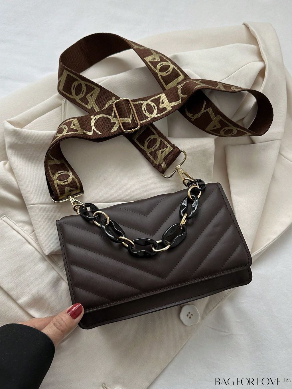 BagForLove - Chic Chevron Quilted Mini Square Bag with Metallic Finish and Chain Detail Flap