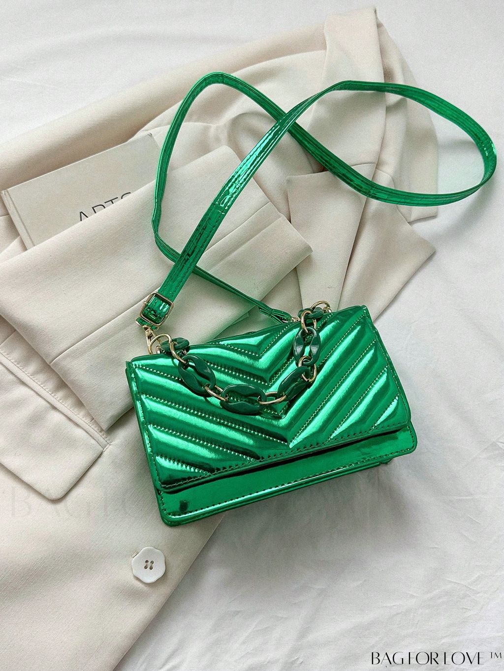 BagForLove - Chic Chevron Quilted Mini Square Bag with Metallic Finish and Chain Detail Flap