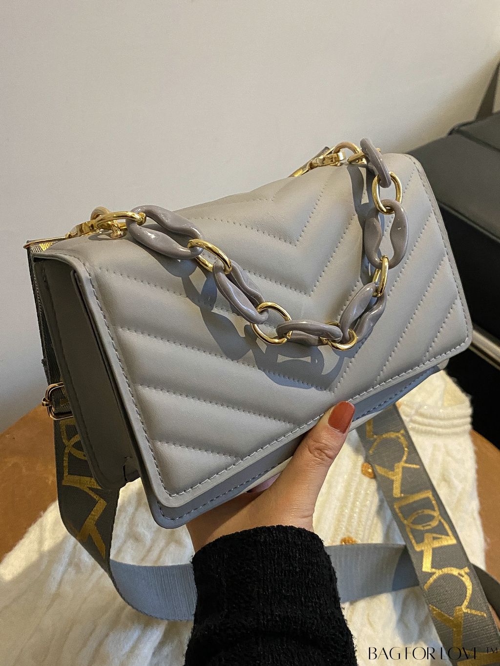 BagForLove - Chic Chevron Quilted Mini Square Bag with Metallic Finish and Chain Detail Flap