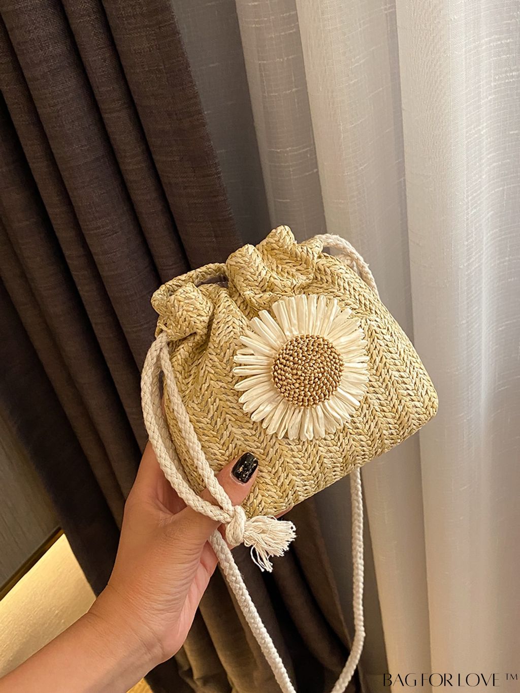 BagForLove - Womens Beach Bucket Straw Bag with Floral Applique, Drawstring Crossbody Purse (5.1 X 5.9 X 1.9)