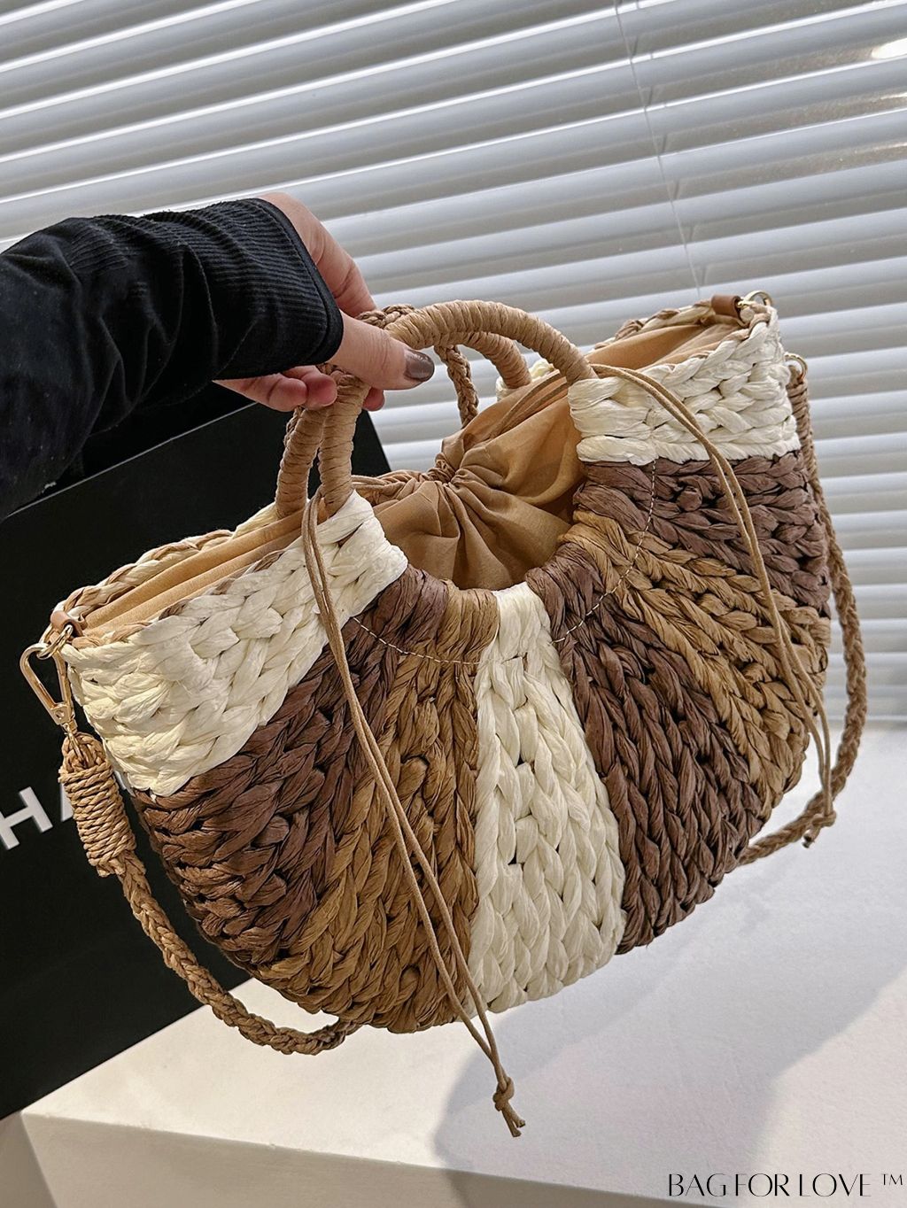BagForLove - Summer Beach Travel Straw Bag with Color Block Drawstring Detail