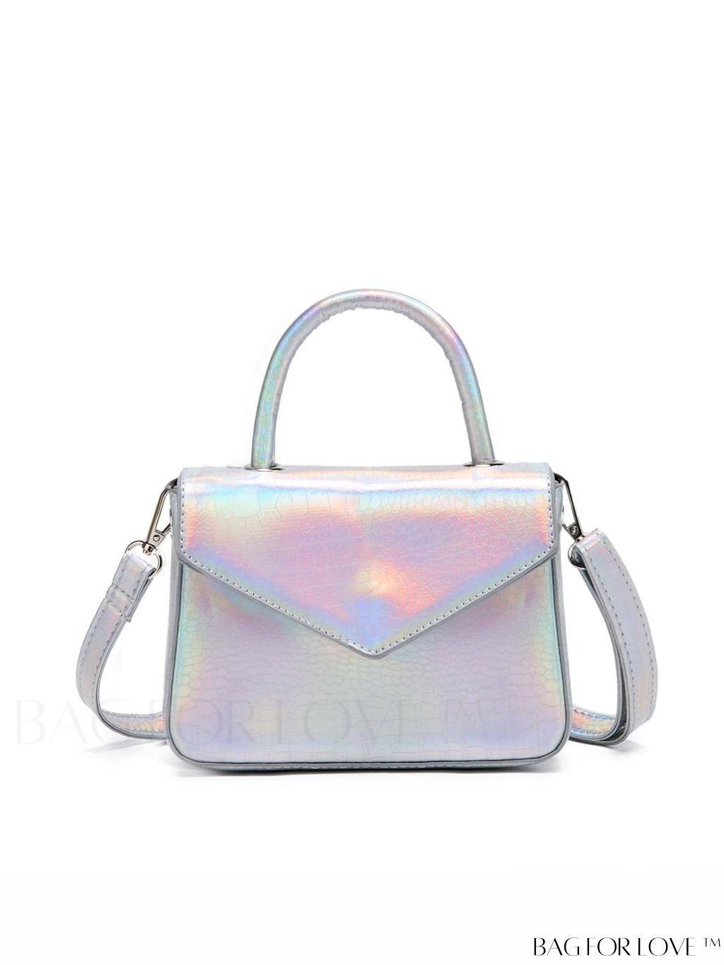 BagForLove - Crocodile Embossed Holographic Flap PU Square Bag with Chic Top Handle