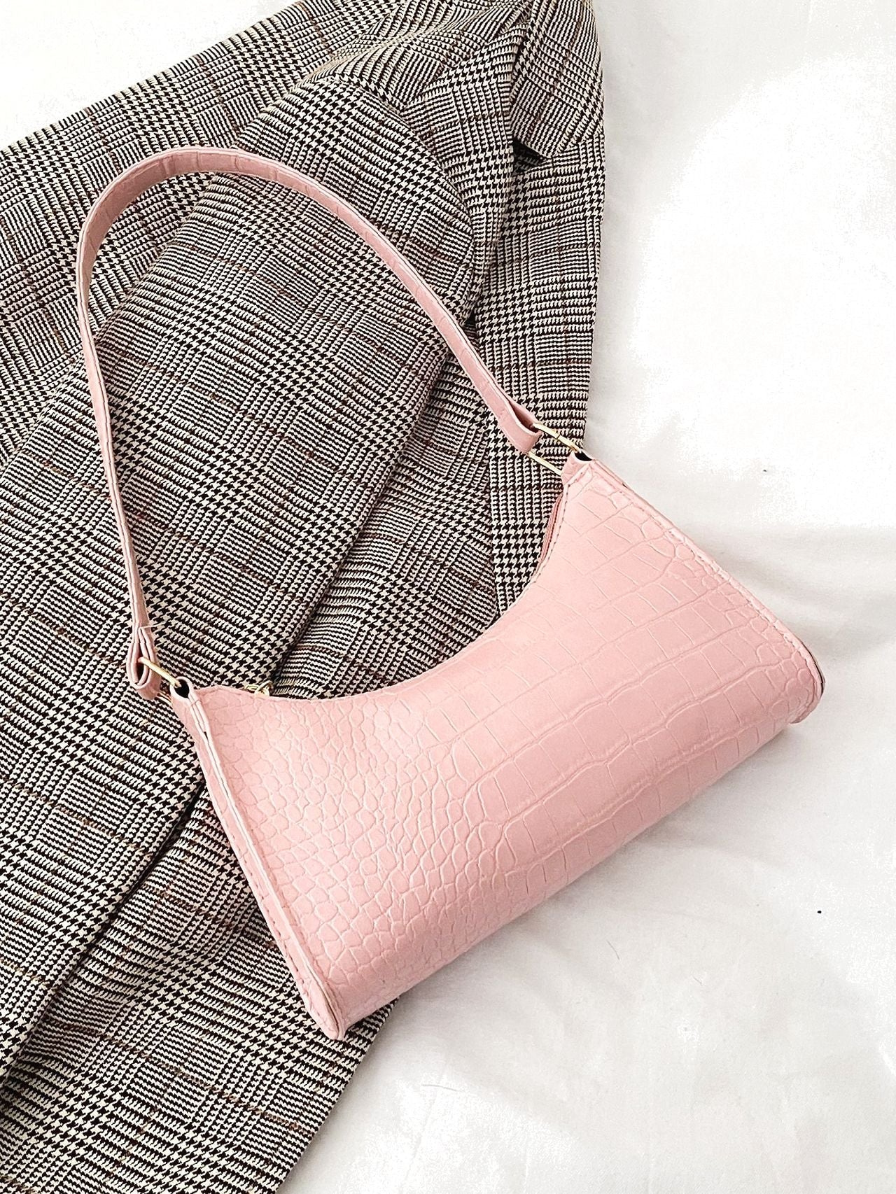 Crocodile Embossed Baguette Bag Hot Pink Fashionable Shoulder Bag