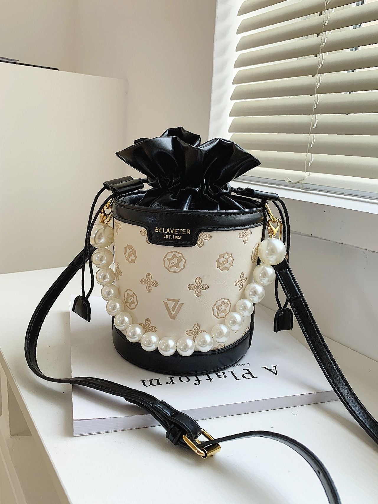 Floral Embroidered Bucket Bag Pearl Decor Turn Lock With Inner Pouch