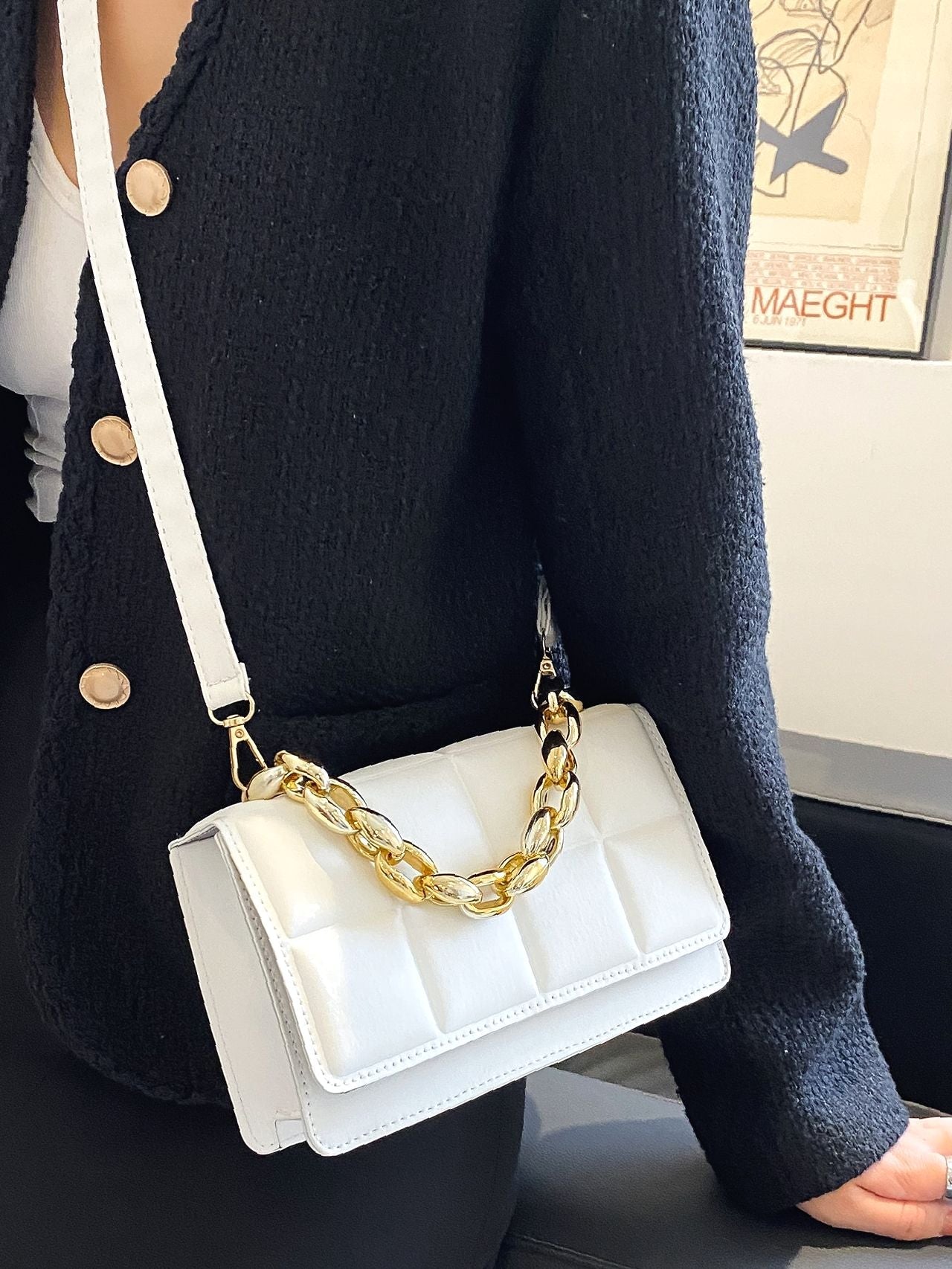 Bag For Love - Chain Decor Textured Flap Square Bag - Women