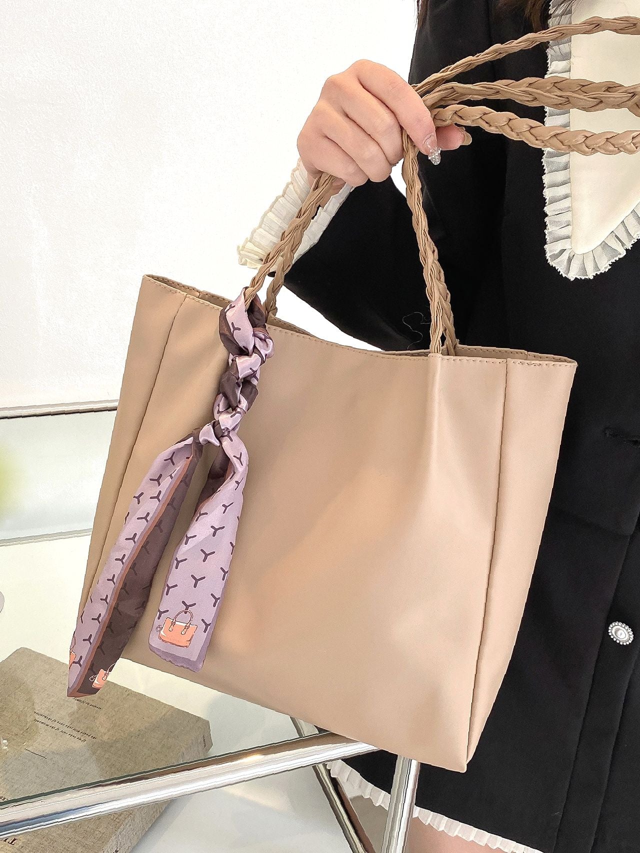 Bag For Love - Letter Detail Twilly Scarf Decor Shoulder Tote Bag - Wo –  shopbagforlove