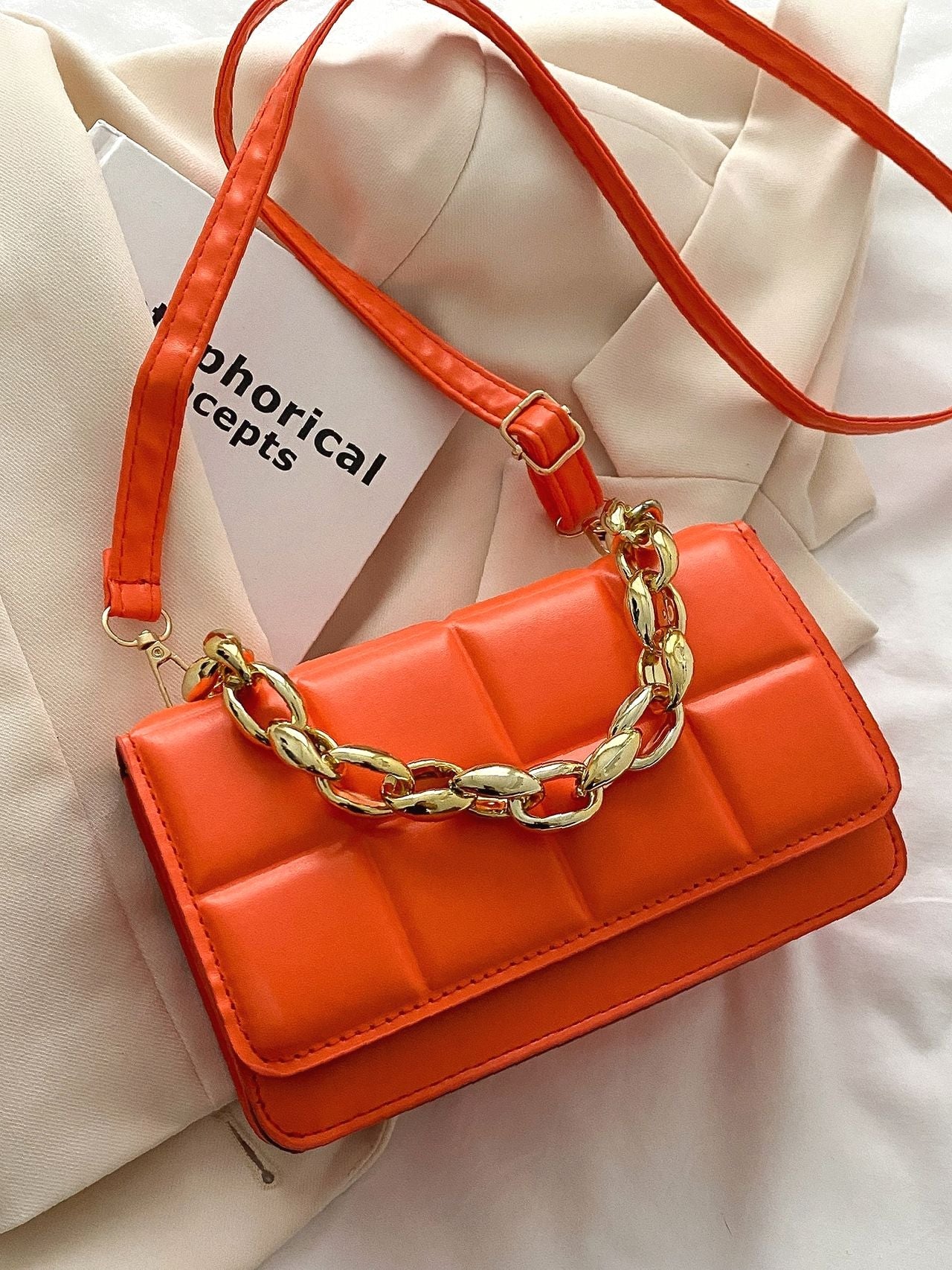 Bag For Love - Chain Decor Textured Flap Square Bag - Women Satchels -  Orange-2