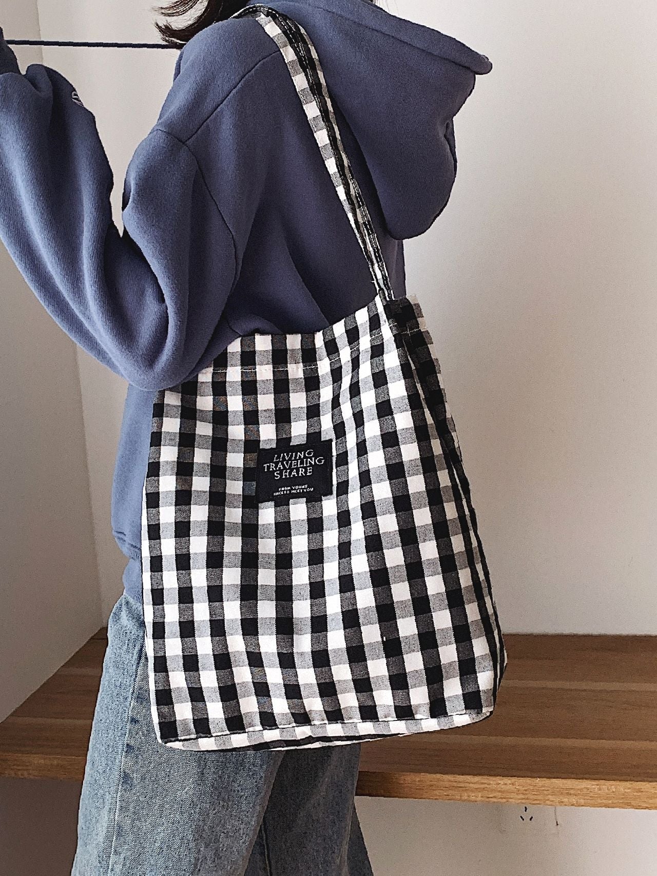 Letter Patch Shoulder Tote Bag Plaid Pattern Double Handle For