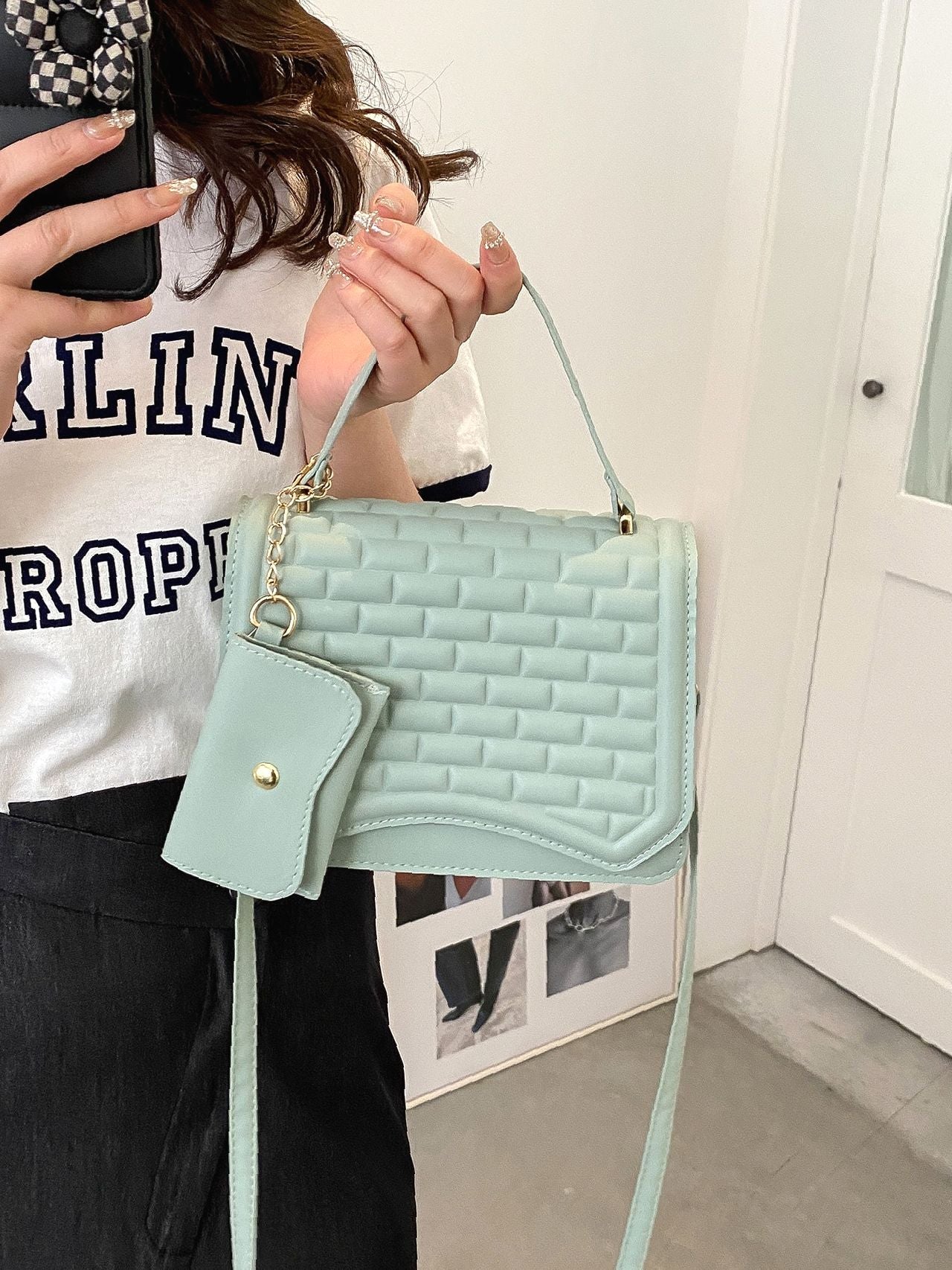 Bag For Love -Minimalist Geometric Embossed Flap Square Bag with Small –  shopbagforlove