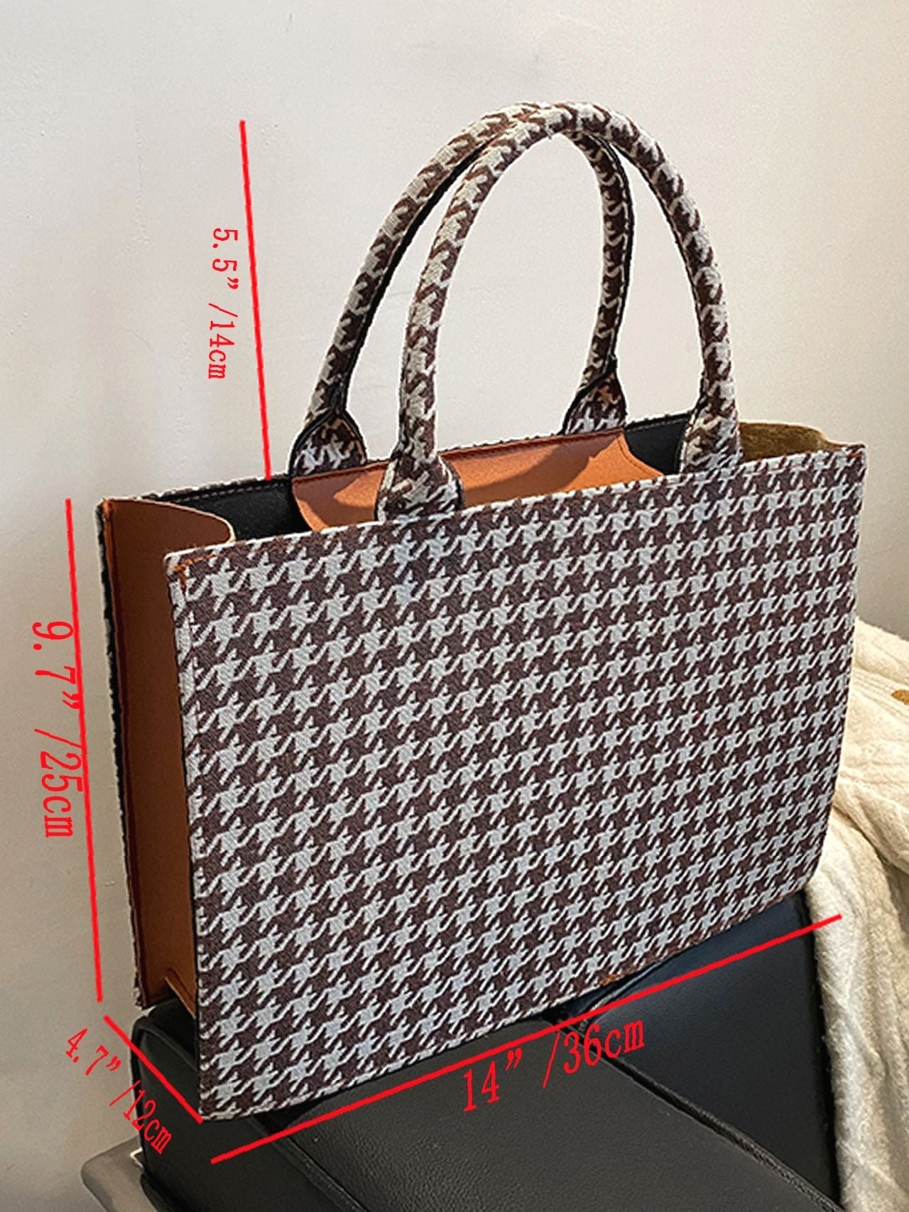 Bag For Love - Houndstooth Pattern Top Handle Bag - Women Tote