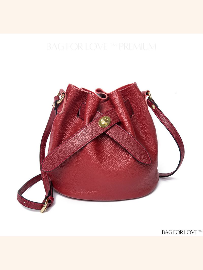 BagForLove - Genuine leather female bag bag mini bucket type drawstring  ladies bag lychee pattern crossbody single shoulder Lionel female bag - Red