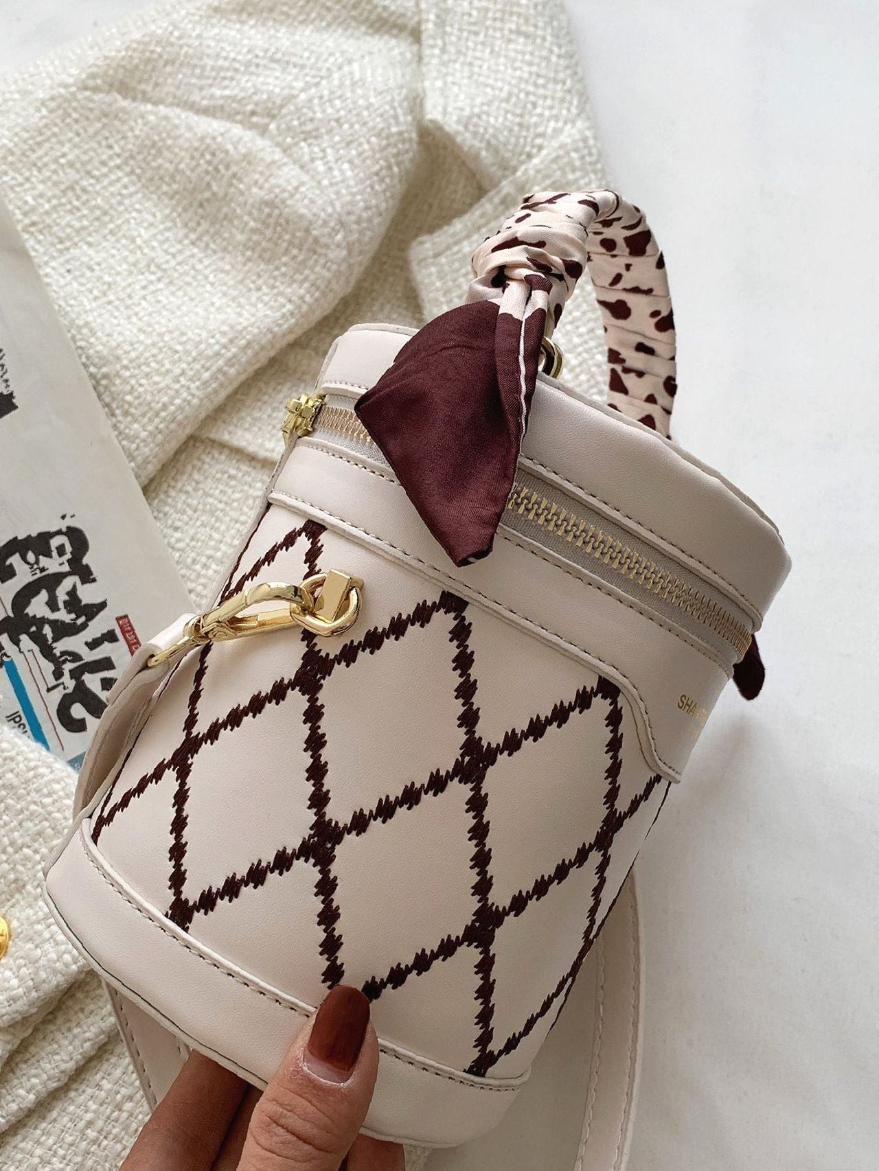 Mini Twilly Scarf Decor Bucket Bag Geometric Pattern Zipper Fashion